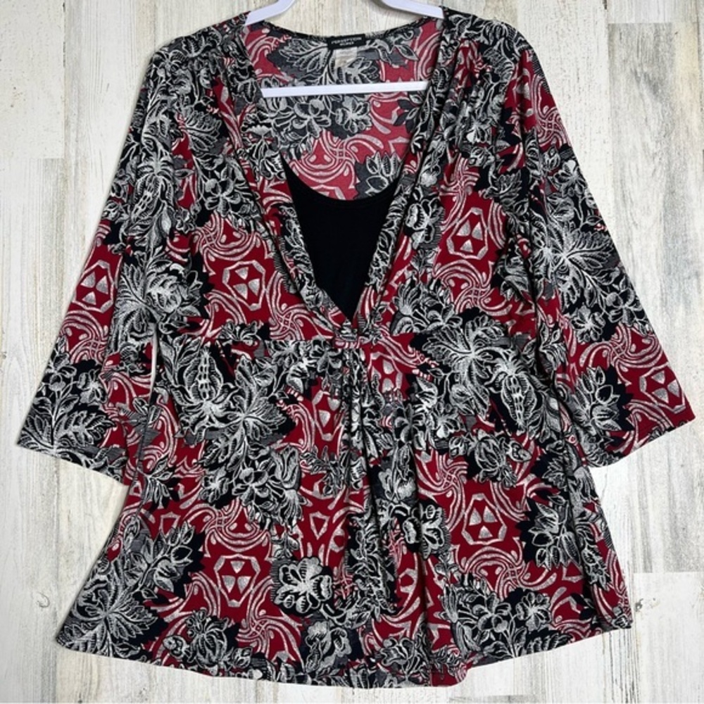 PerSeption Womens 2X Top Jersey Stretch Floral Print 3/4‎ Sleeve w attached tank